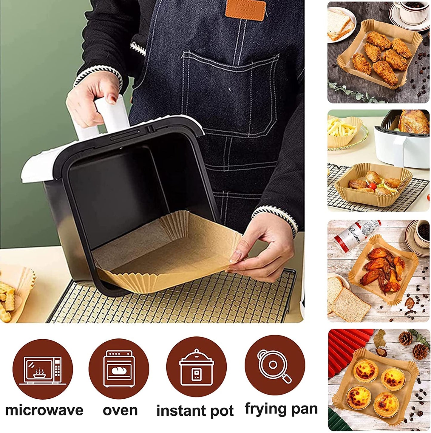 Air Fryer Liners Disposable 120PCS, 7.9 Inch Square Non-Stick Parchment Paper Baking Liners for Most Air Fryers, Food Grade Greaseproof Basket Sheets for Easy Cleanup
