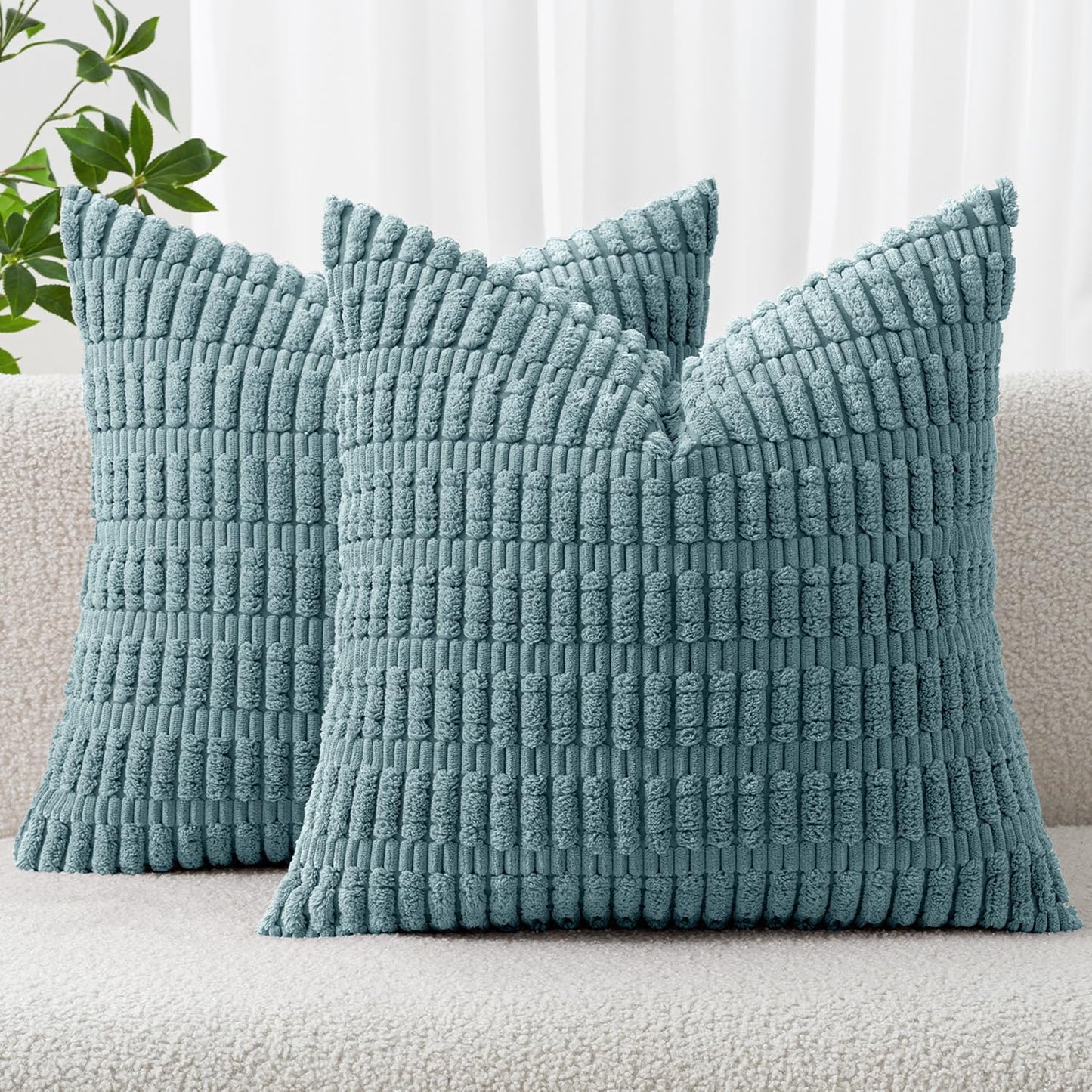 MIULEE Corduroy Throw Pillow Covers - Soft Boho Striped Design, 16x16 Inch, Coastal Blue for Modern Home Decor