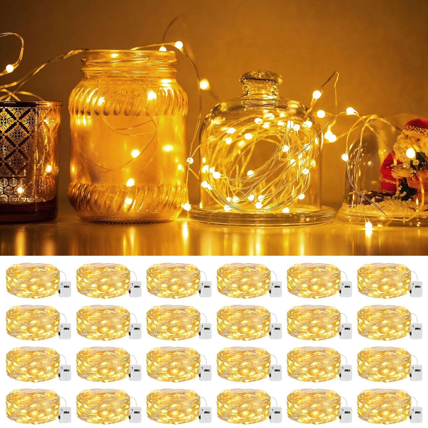 litogo 24 Pack 7FT 20 LED Fairy Lights Battery Operated, 3 Lighting Modes, Bulk Mini Twinkle String Lights Waterproof Silver Wire for Weddings Mason Jars Party Christmas Decorations-Warm White