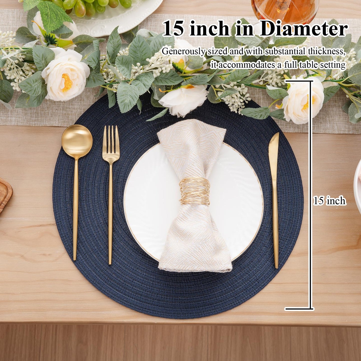 SHACOS 15 inch Round Placemats Set of 12 for Dining Table Braided Circle Place Mats Kitchen Table Placemat Washable Table Mats, Navy Blue