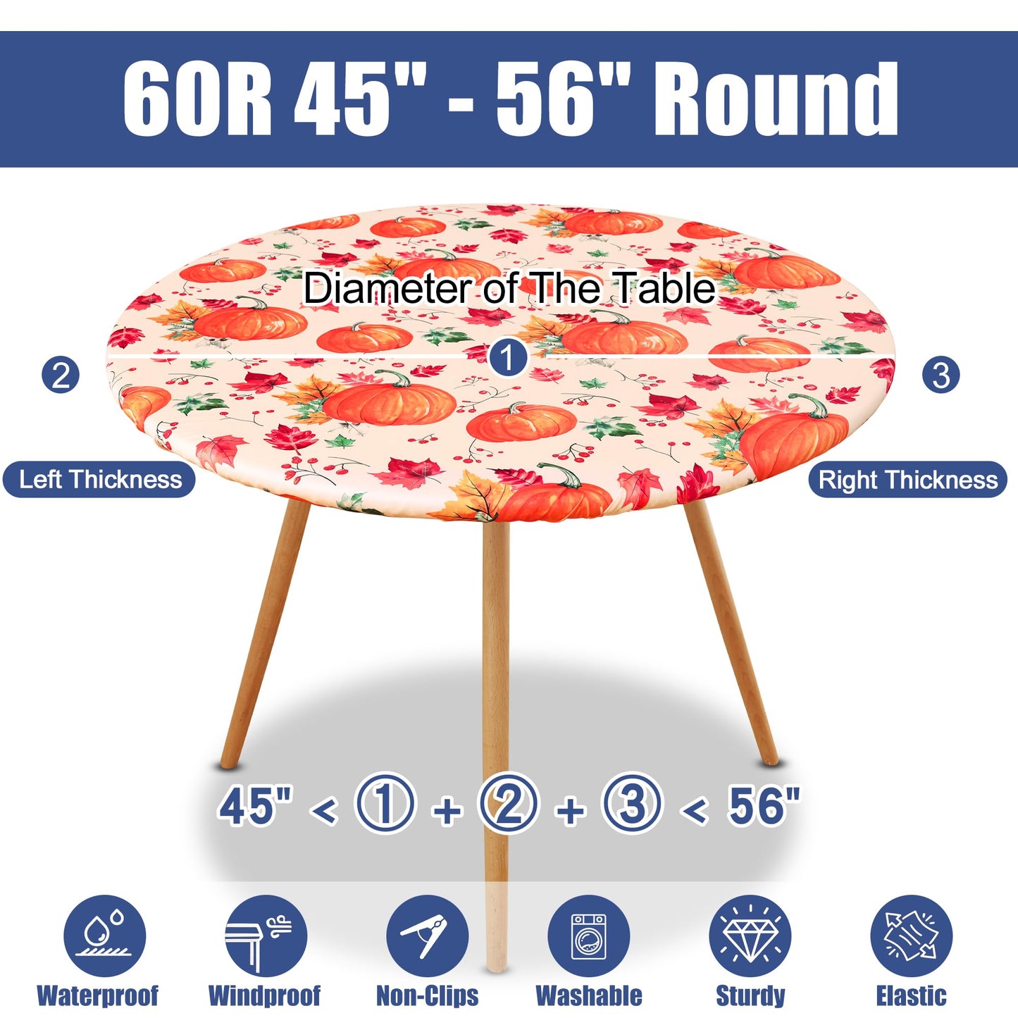 Moosfor Round Spandex Thanksgiving Tablecloth, Elastic Fitted Waterproof Tablecloths for 45"-56" Tables, Stretch Washable Picnic Table Cover for Autumn Harvest Parties, Pumpkin Leaf