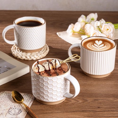GBHOME 12OZ Stackable Coffee Mugs, Ceramic Coffee Mugs with Texture Patterns for Man,Woman,Dad,Mom, Modern Coffee Mugs Set of 4 for Latte/Cappuccino/Cocoa. Dishwasher&Microwave Safe, Off White