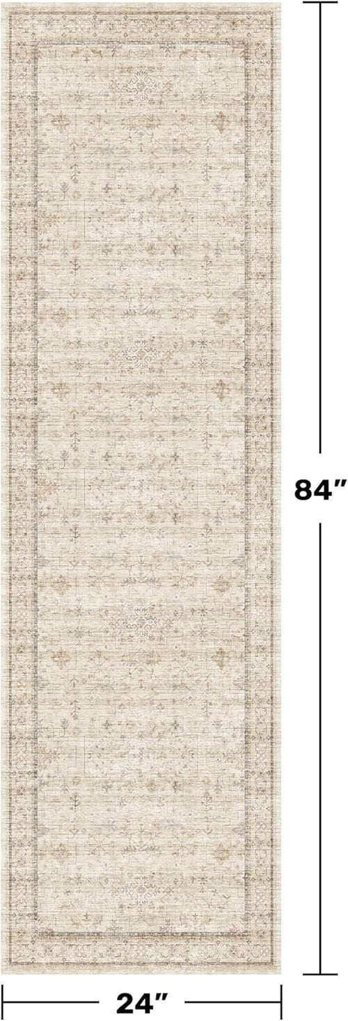 Beige Boho Bathroom Rug - Non-Slip Washable Floral Runner 2x7 for Kitchen, Hallway & Entryway