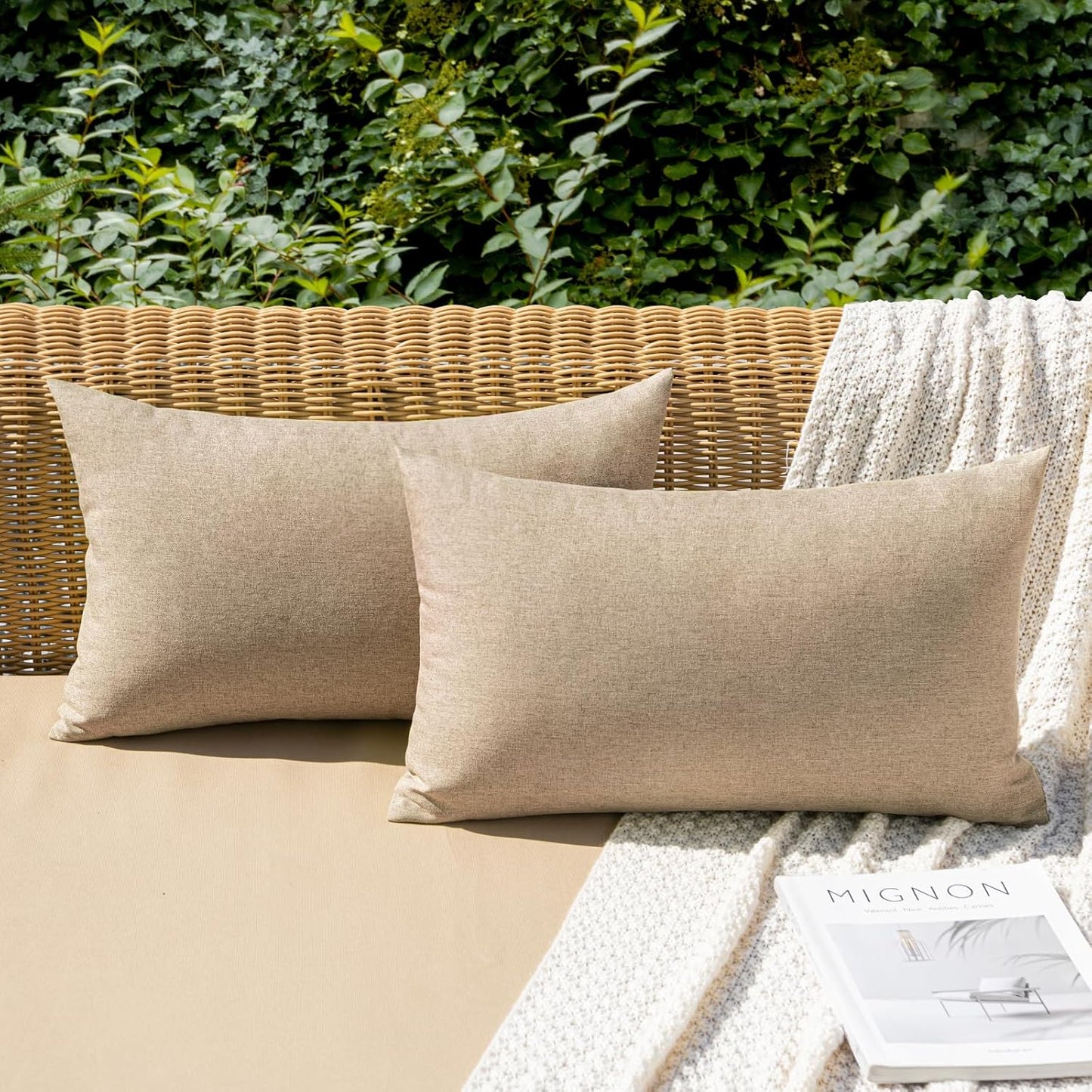 MIULEE Decorative Outdoor Throw Pillow Covers - Waterproof Faux Linen Cushion Cases | 20x12 Inch Light Tan (Pack of 2)