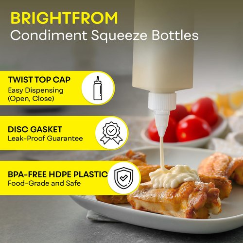 BRIGHTFROM Condiment Squeeze Bottles, 16 OZ Empty Squirt Bottle with Twist Top Cap, Leak Proof - Great for Ketchup, Mustard, Syrup, Sauces, Dressing, Oil, Arts and Crafts, BPA FREE Plastic - 4 PACK