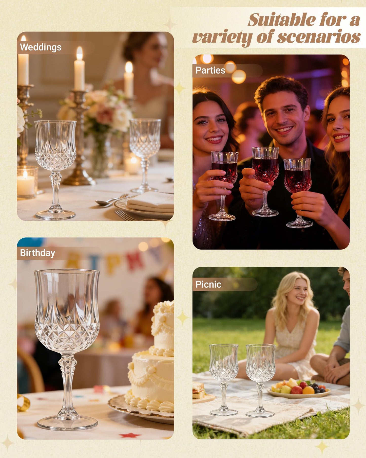 SDBALLBZ Plastic Wine Glasses Set, 7oz Vintage Goblets Shatterproof Unbreakable Reusable & Disposable, Drinking Glasses with Stem, for Wedding Outdoor Dinner Easter Party (24pcs, Clear)