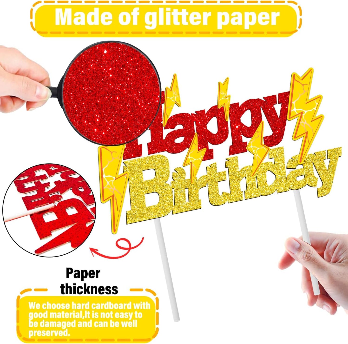 Lightning Bolt Birthday Cake Topper - Glitter Gold & Red Lightning Design | Perfect for Parties & Baby Showers