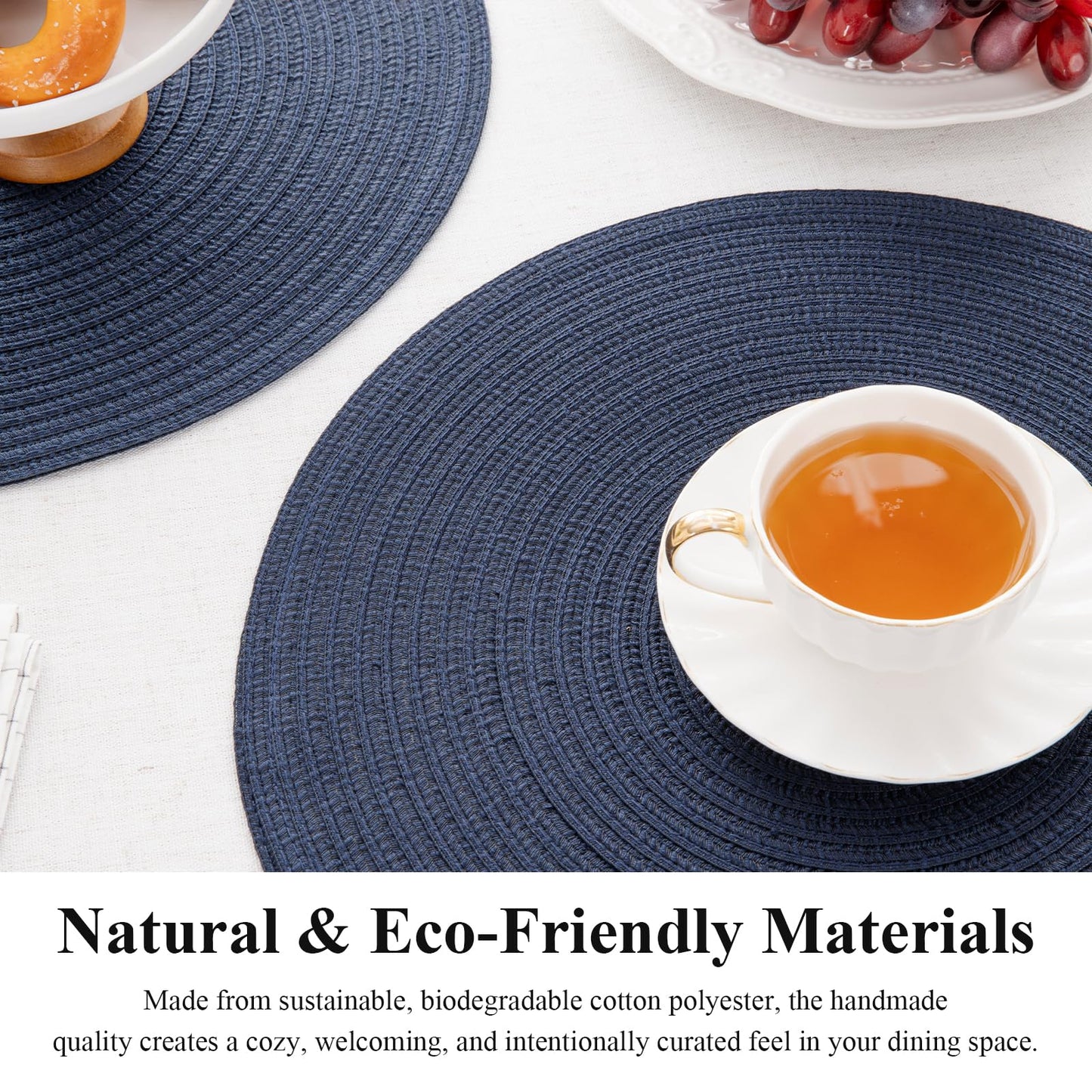 SHACOS Round Placemats Set of 6 Washable 15 inch Circle Polyester Woven Braided Place Mats for Dining Table Indoor Outdoor Table Mats Home Party Wedding Decor (Navy, 6)