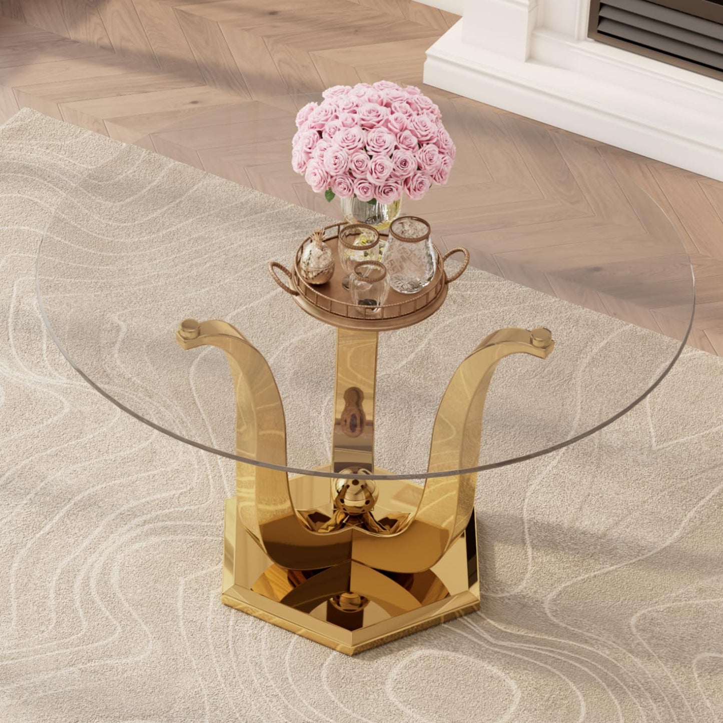 47.2" Round Glass Dining Table for 4-6, Modern Dining Room Table with Circular Tempered Glass Tabletop, Kitchen Table with Stainless Steel Frame for Dining Room, Kitchen, Apartment, Dwelling (Golden)