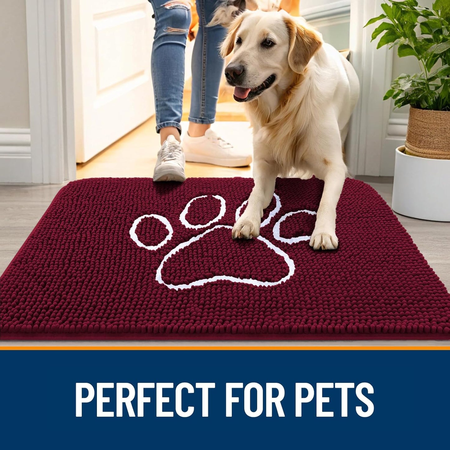 OLANLY Dog Door Mat - Absorbent Non-Slip Mud Mat for Paws | 40x32 Paw Print Design in Burgundy