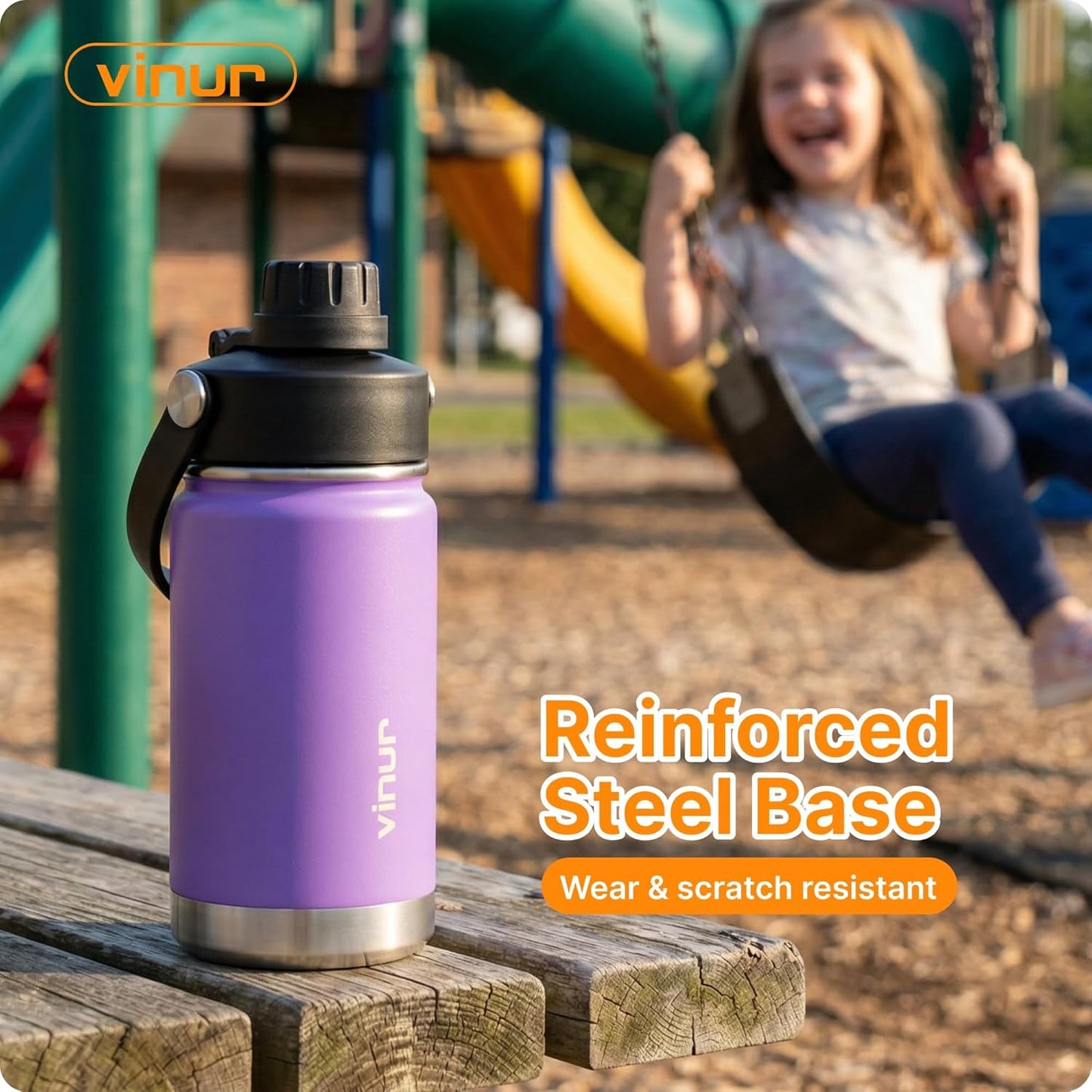 VINUR 12 oz Kids Stainless Steel Water Bottle - Vacuum Insulated, Leakproof Spout Lid, Purple