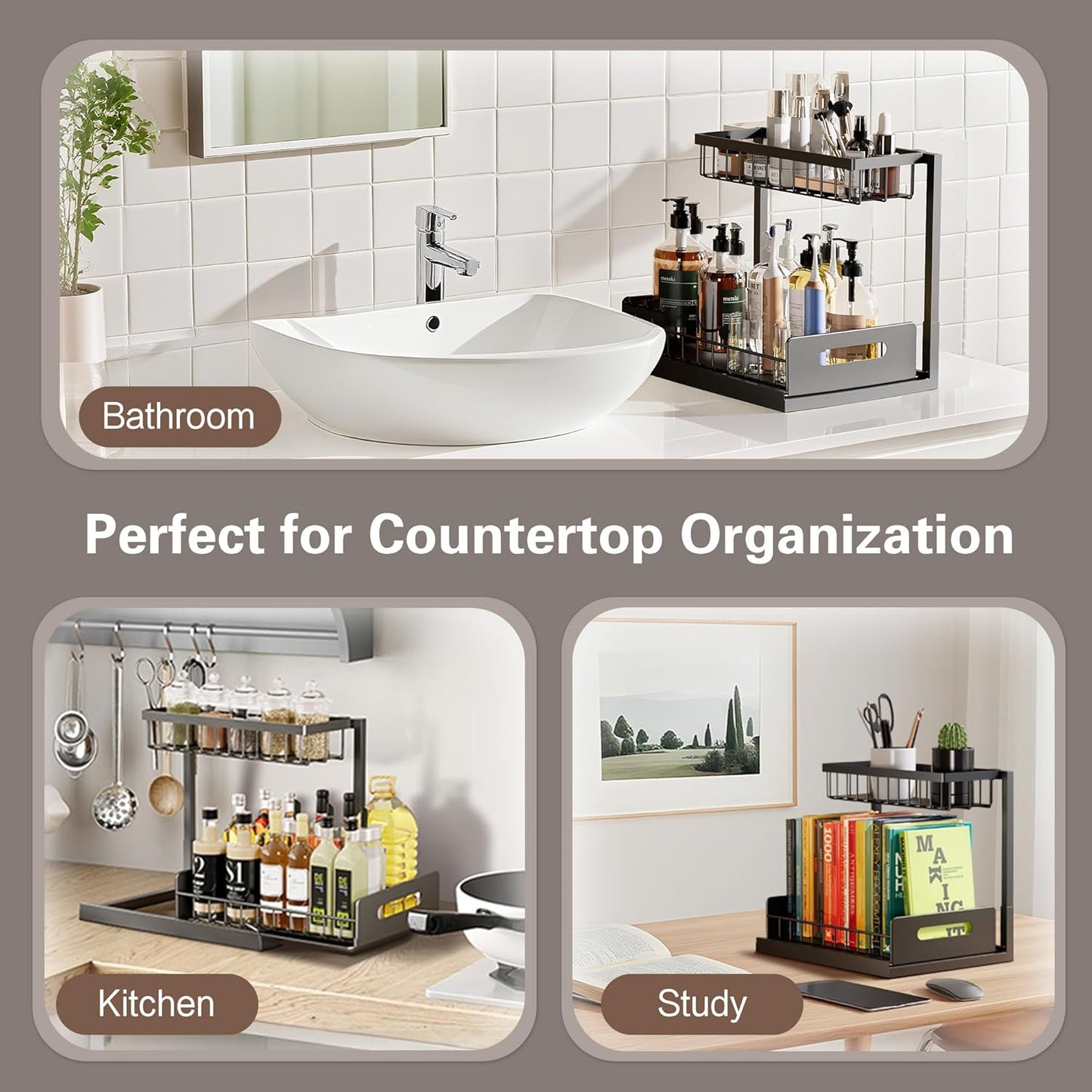 VUSIGN Under Sink Organizer - 2-Tier Metal Pull-Out Shelf for Kitchen & Bathroom - Black, 2 Pack