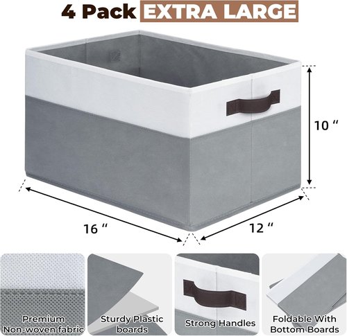 Criusia Extra Large Storage Bins - 4 Pack 16x12in Fabric Organizers for Clothes, Toys & Blankets
