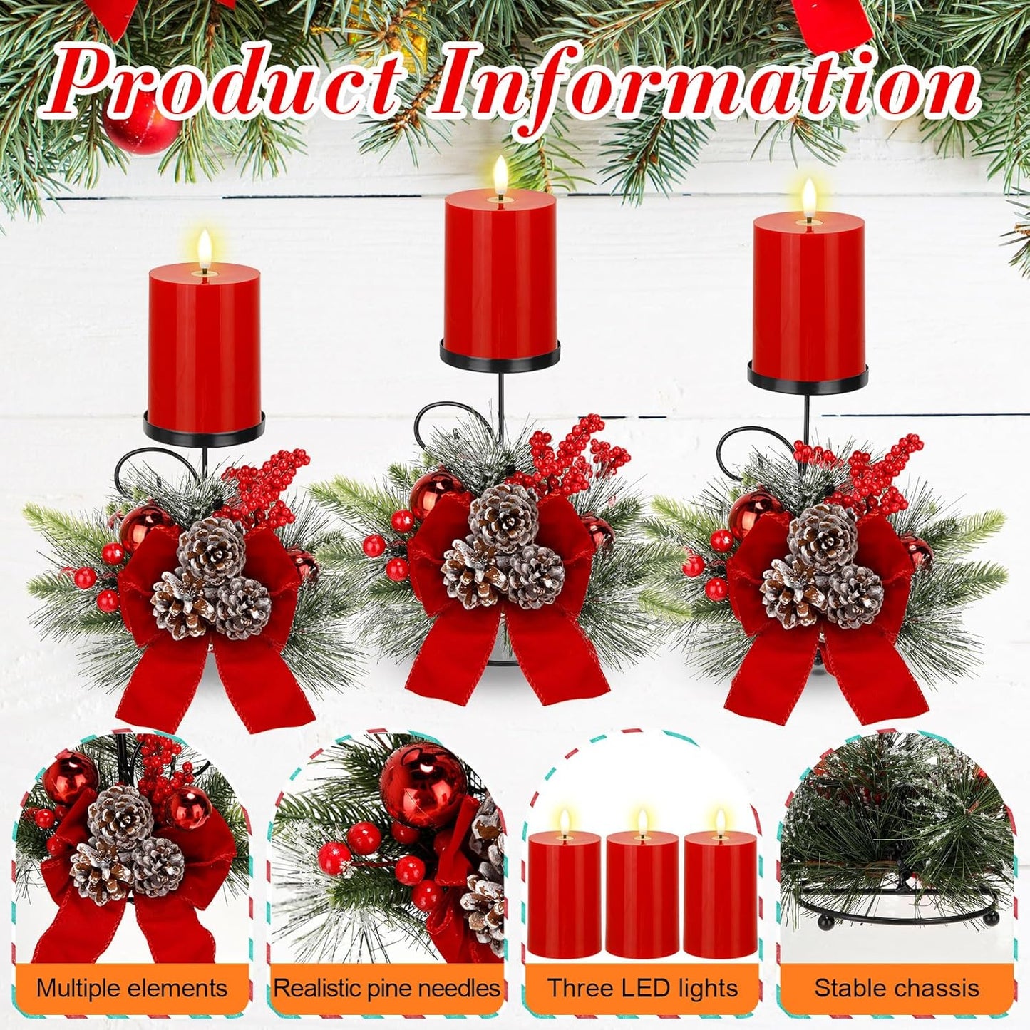 Yunlly Christmas Candle Holder Set - 3 LED Battery-Operated Pine Cone Ball Centerpieces | Festive Table Decor