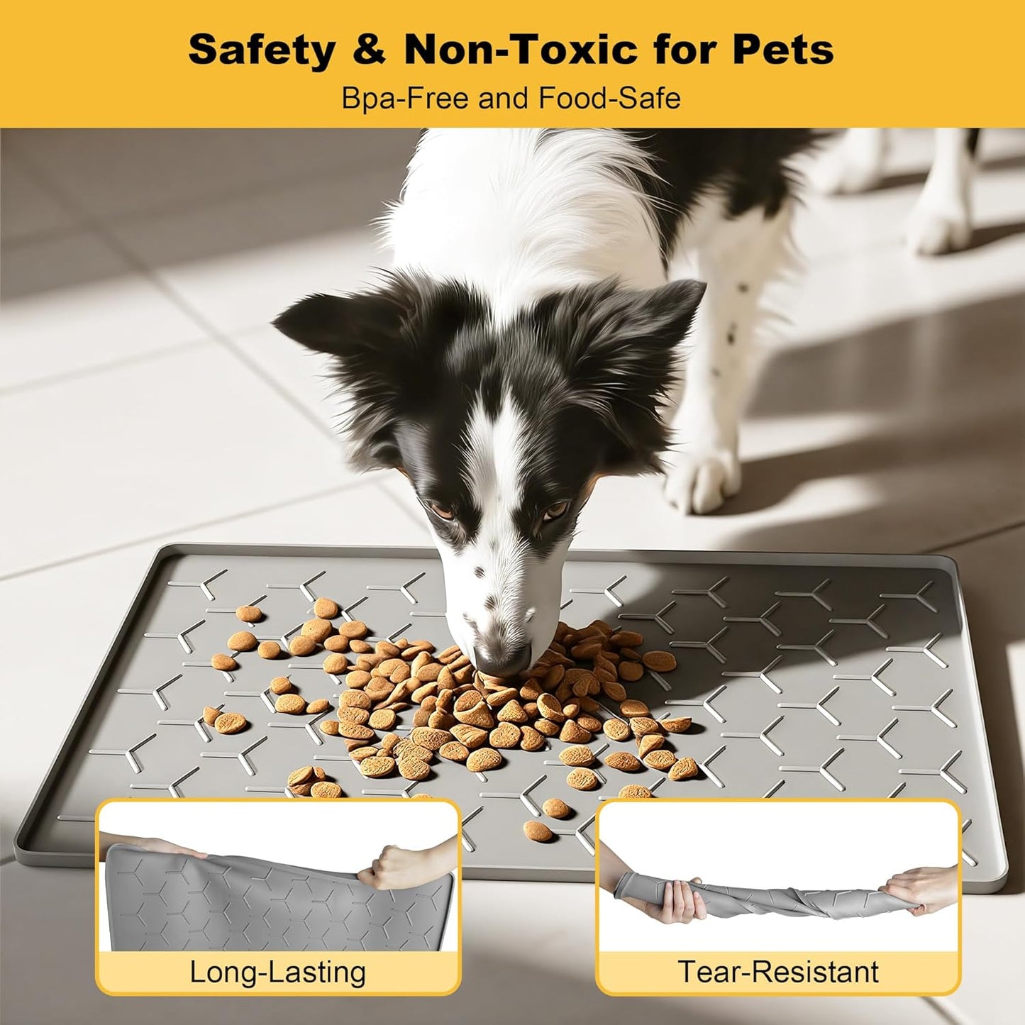 Pieviev Dog & Cat Food Bowl Mat - Waterproof Silicone, Non-Slip Design, 24''x16'', Light Gray