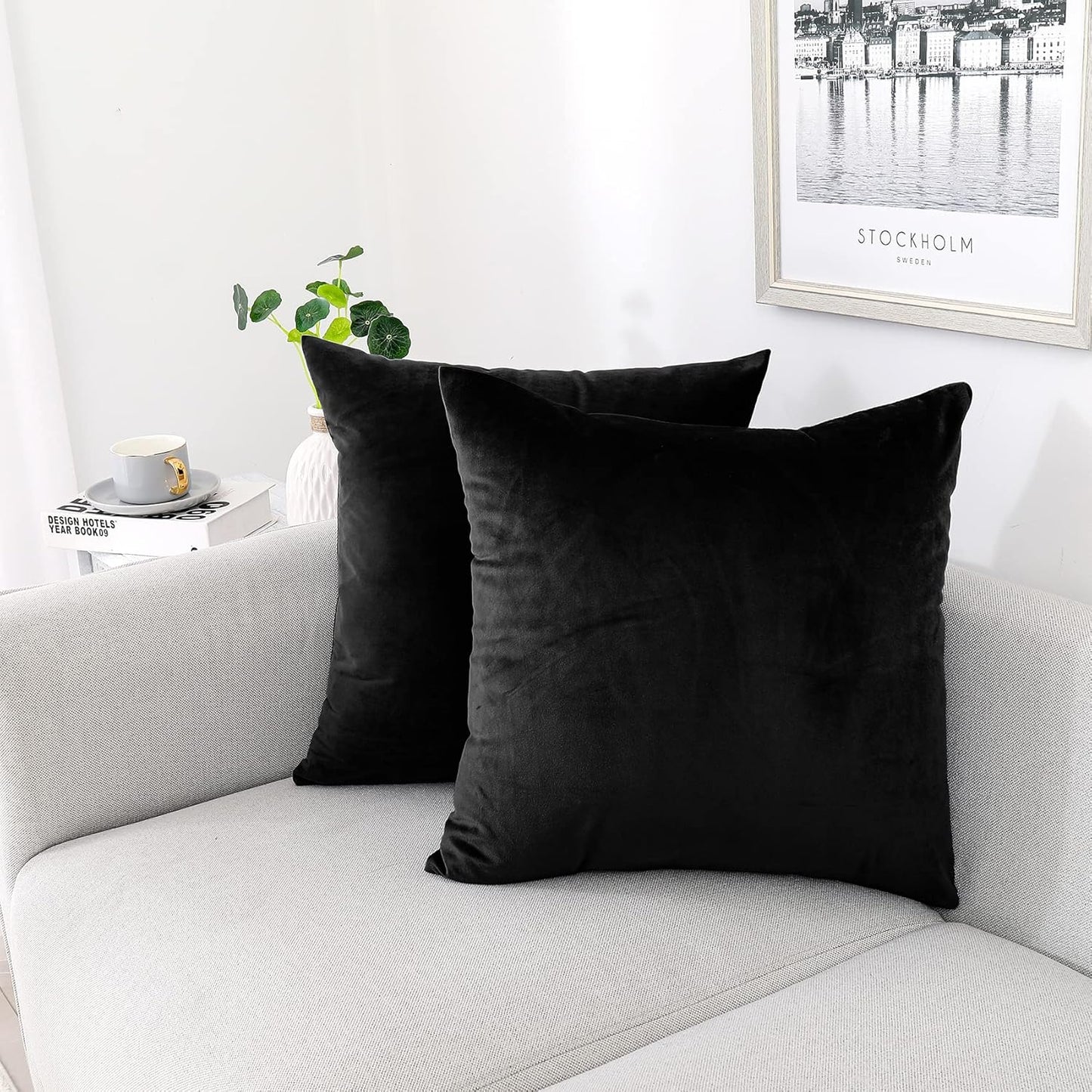 NiNi Decorative Throw Pillow Covers - Velvet Pack of 2 | 12x12 Inch Black Cases for Couch & Bedroom