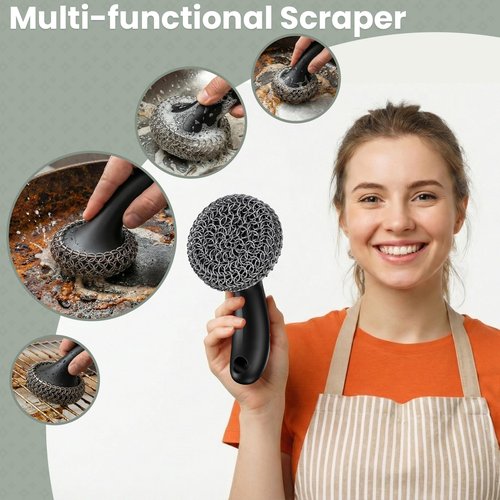 Cast Iron Scrubber with Long Handle | 316 Cast Iron Cleaner Chainmail Scrubber for Cast Iron Pan Skillet Cleaner - Dish Scouring Pad Dishwasher Safe Cleaning Kit (Black, 1 Scrubber + 1 Scraper)