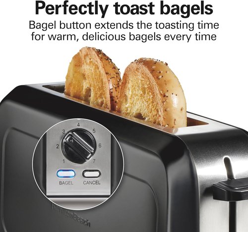 Hamilton Beach 2-Slice Toaster - Extra Wide Long Slots, 7 Browning Shades, Bagel Function, Black