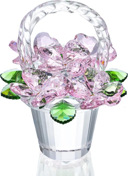 H&D Hyaline & Dora Crystal Pink Flower Basket Figurine - Elegant Glass Collectible for Home & Wedding Decor