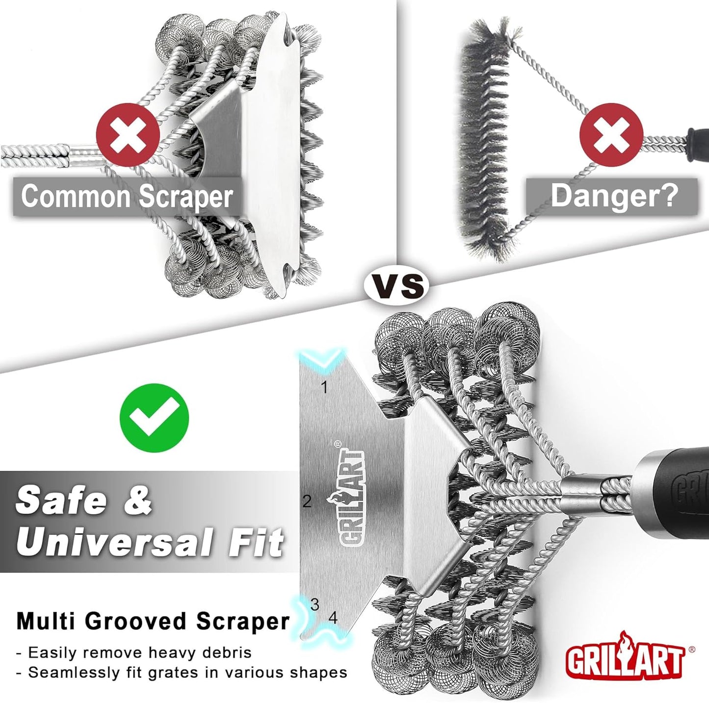 Skiennix Grill Brush and Scraper - Bristle-Free BBQ Cleaner for Safe Grilling | 18'' Stainless Steel for Porcelain, Weber, Gas & Charcoal Grills