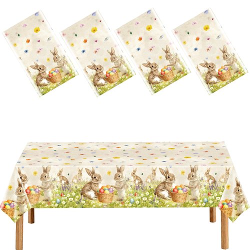 FUULOXE 4 Pcs Easter Plastic Tablecloth,54 x 108 Inch Disposable Religious Cross and Bunny Rectangle Table Cover for Indoor Outdoor Spring Easter Party Decorations