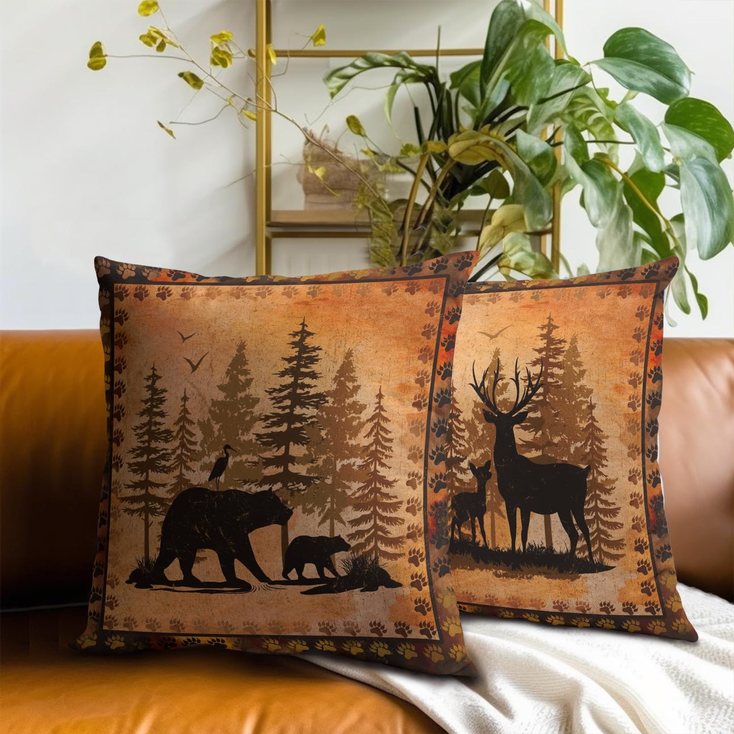 Giwawa Forest Bear Deer Throw Pillow Covers 18x18 Set of 2 Wildlife Animal Decorative Pillow Cases Square Cushion Cover for Couch Bed Sofa Chair