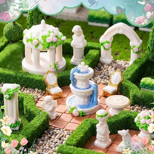 Exasinine Mini Garden Furniture Ornaments Set - 15 Pcs Micro Resin Patio Decor with Table, Chair, Bench, and Fountain Statues