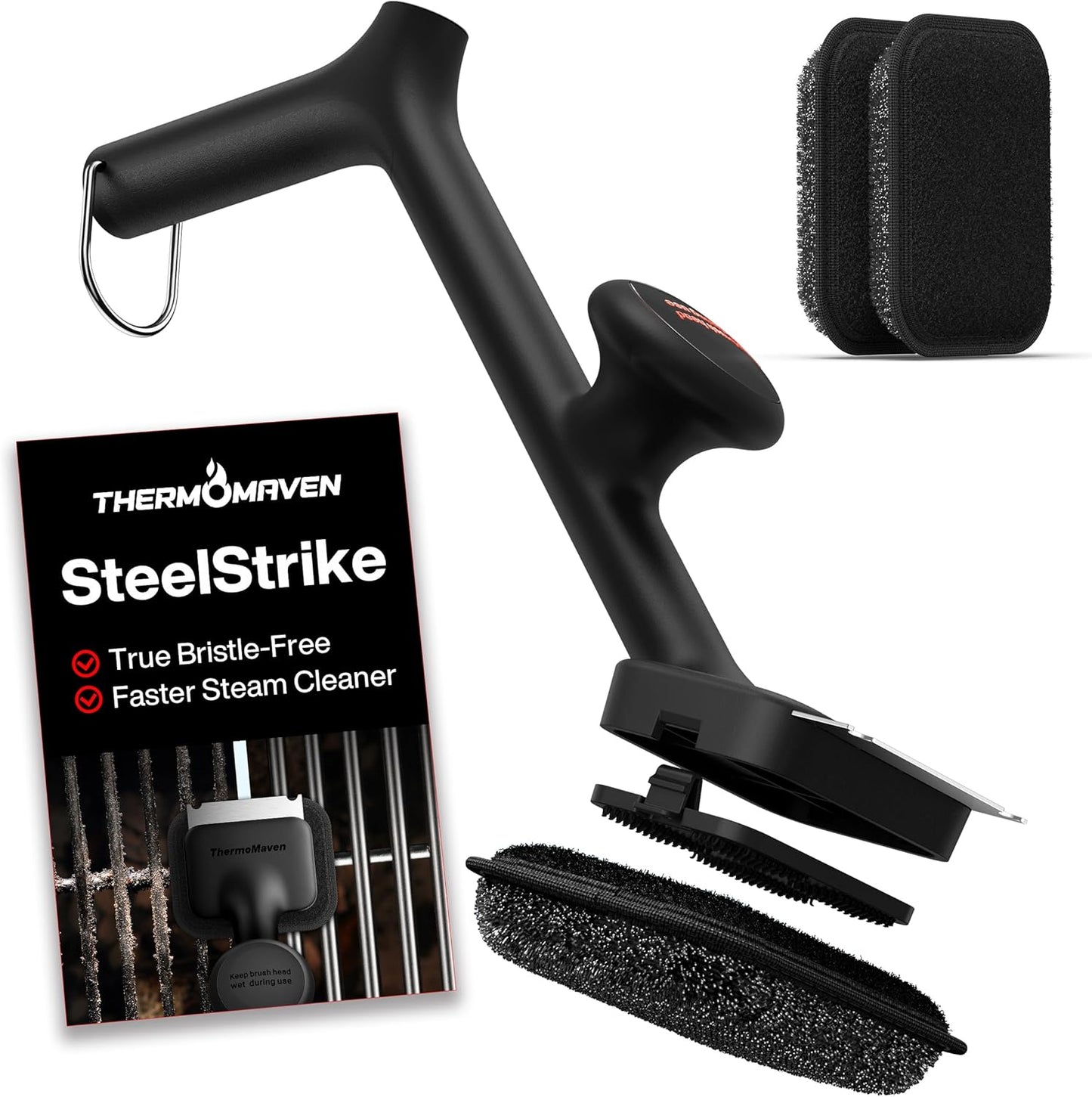 ThermoMaven BBQ Grill Brush - Bristle-Free Steam Cleaner with 17" Cool-Touch Handle & 3 Heads