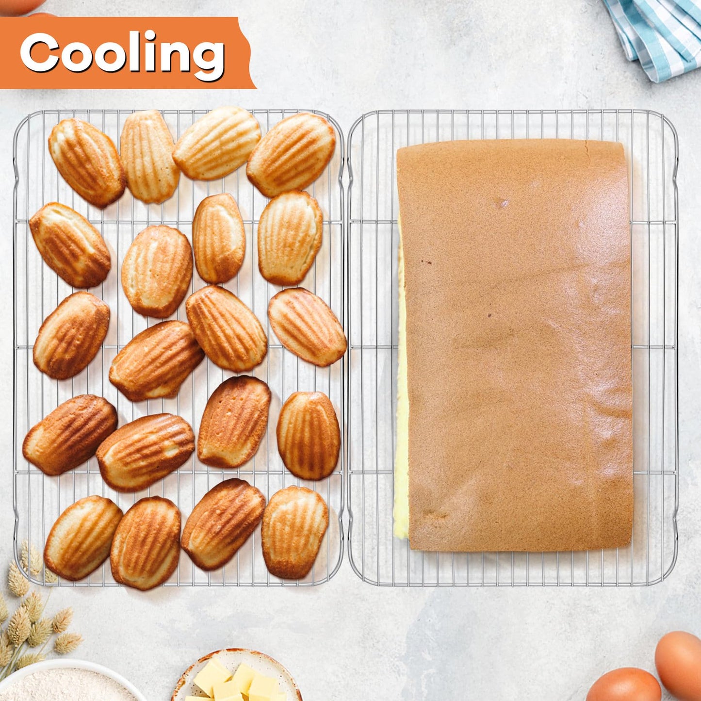P&P CHEF Cooling Baking Rack Pack of 2, 16.6" x 11.5", Stainless Steel Cooling Racks for Cooking Baking Roasting Grilling Drying, Dense Wires & Smooth Edge, Easy to Clean, Silver