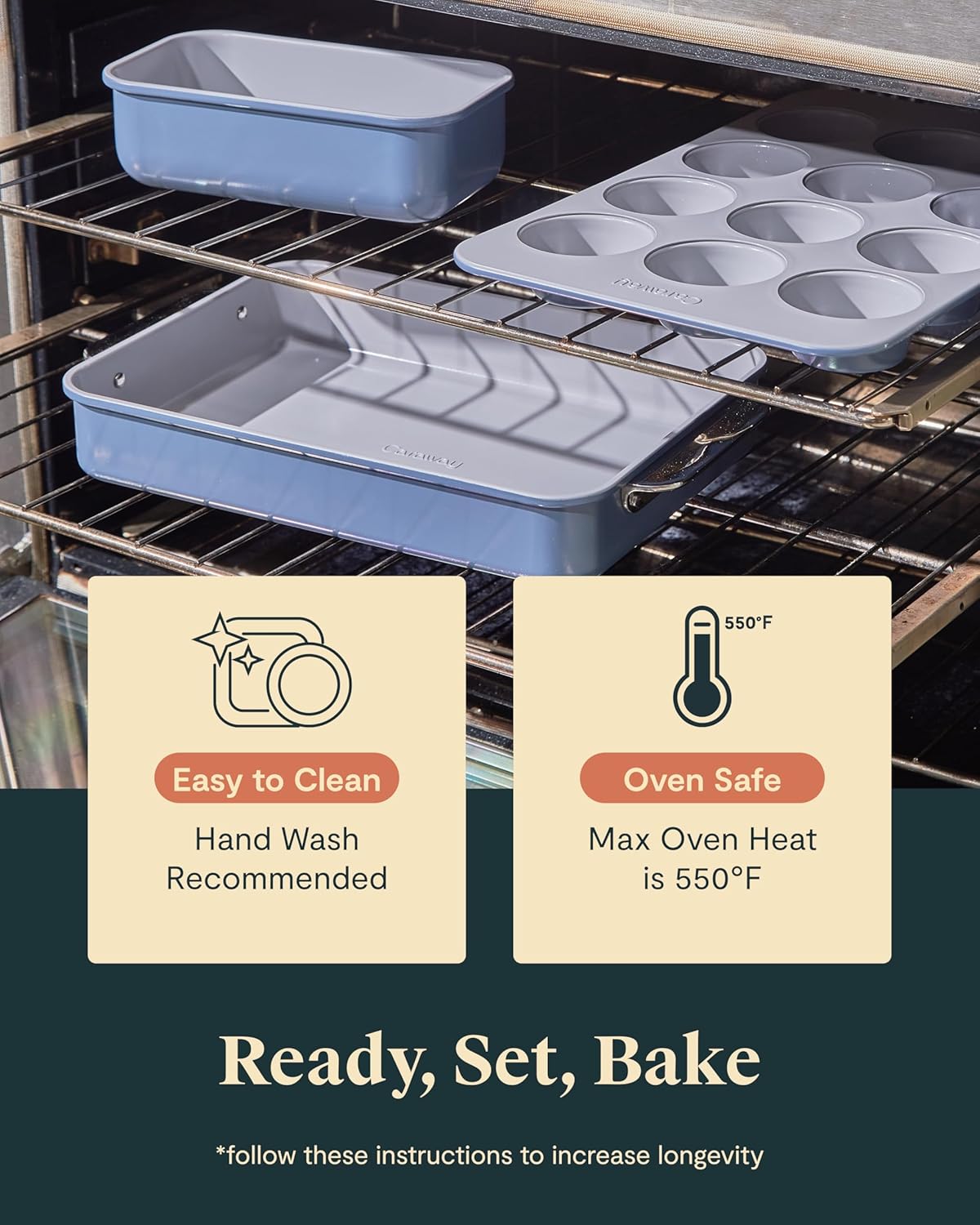 Caraway Nonstick Ceramic Bakeware Set - 11 Pieces with Assorted Pans & Cooling Rack | Non-Toxic, Navy