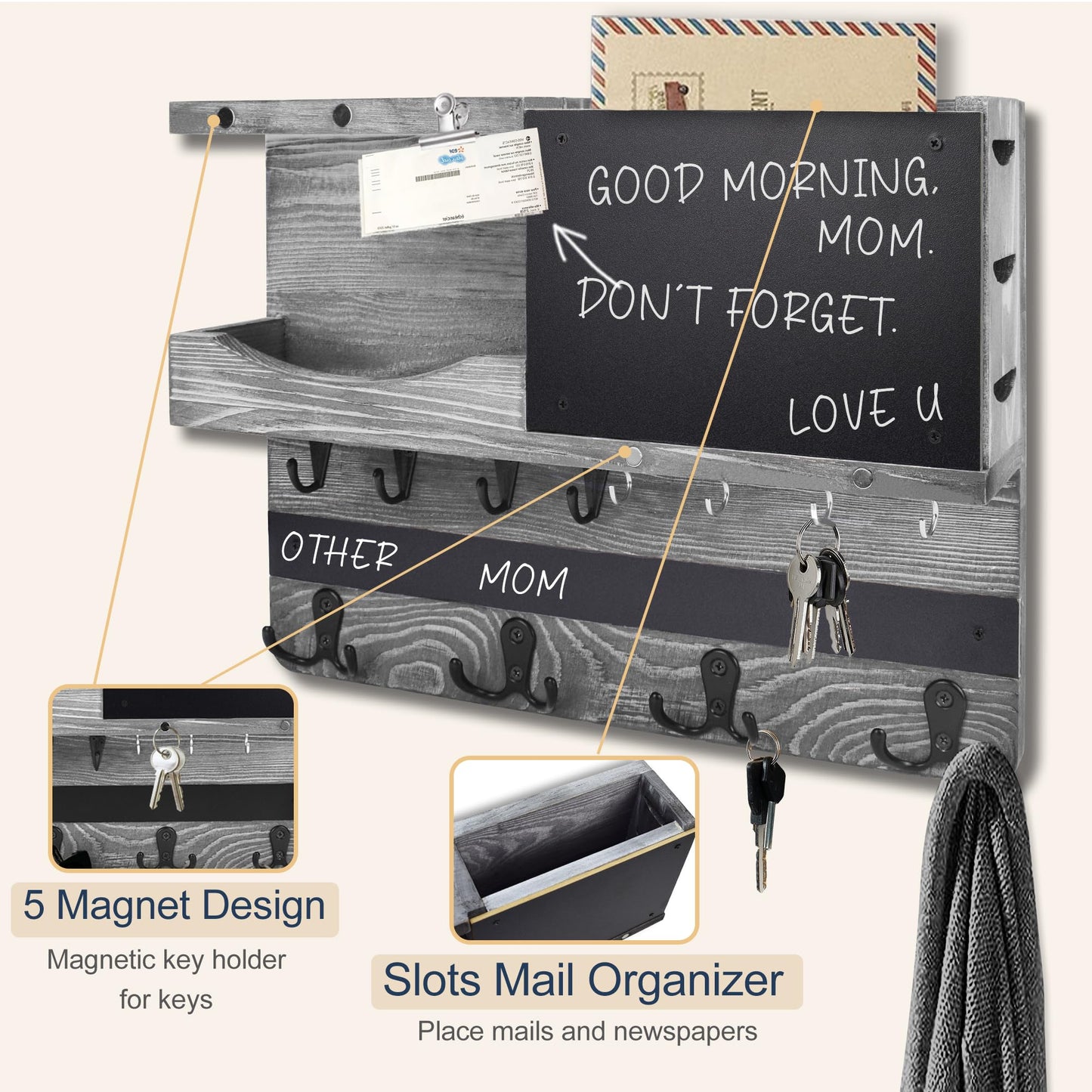 HEKOOLA Farmhouse Key and Mail Holder for Wall Decorative, Mail and Key Organizer for Wall with Different Hooks, Chalkboard, Home Decor with Shelf, Basket, Clips(Pine Wood,Washed Gray)