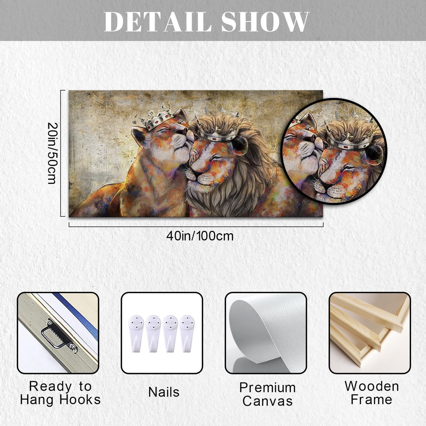 Canvbay Animal King Canvas Wall Art Lion and Lioness with Gold Crown Picture Romantic Couple Artwork Painting for Bedroom Modern Home Decoration Stretched and Framed Ready to Hang 20x40inch