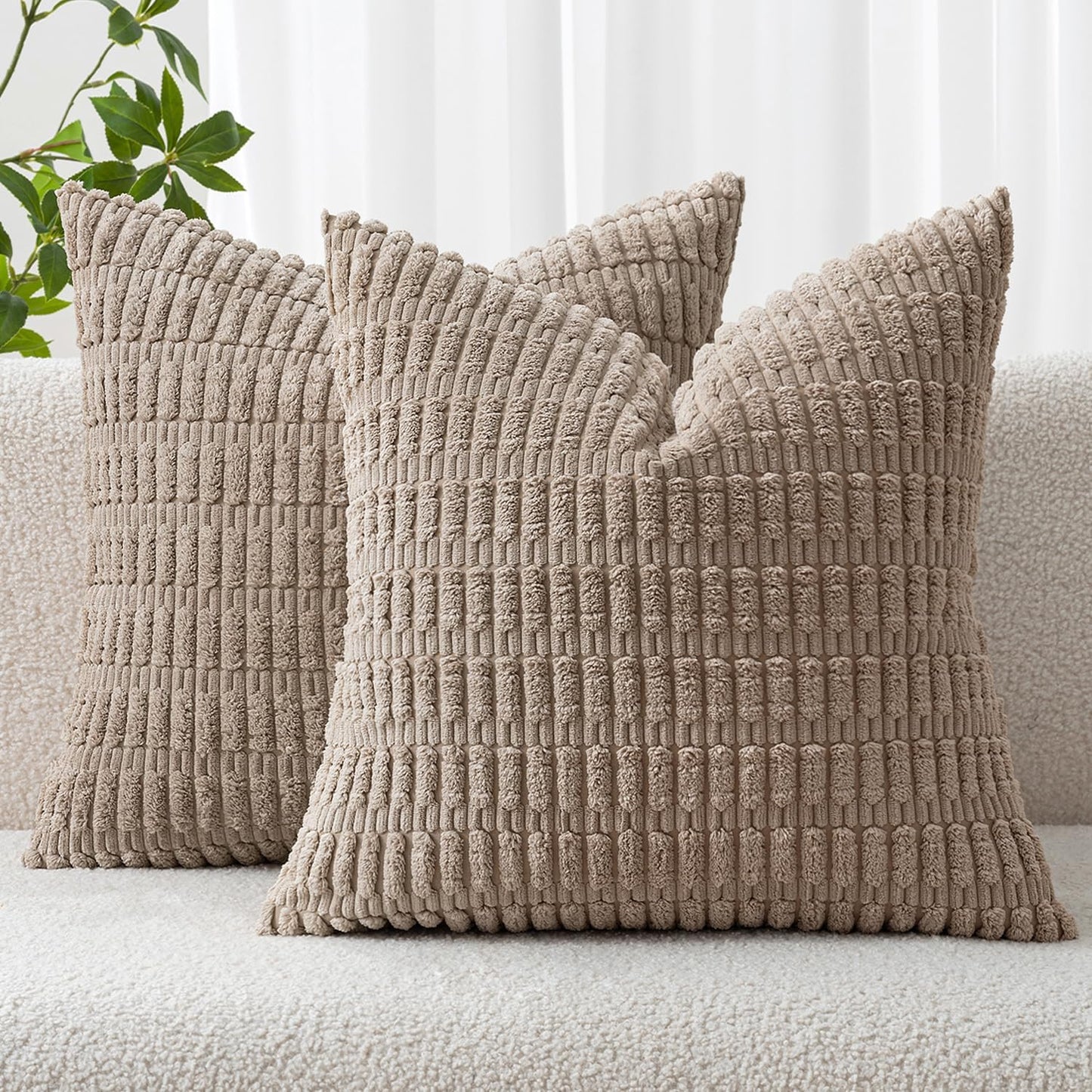MIULEE Corduroy Throw Pillow Covers - Soft Boho Striped Design | 18x18 Inch Light Brown for Modern Home Decor