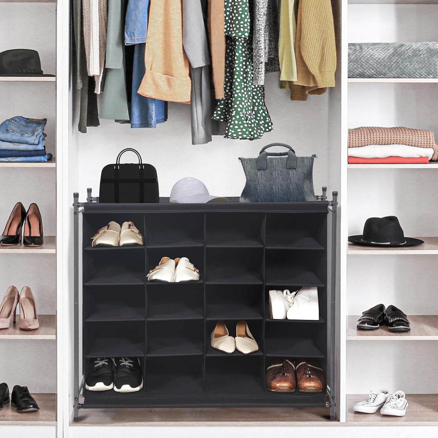 Storage Maniac Stackable Shoe Cubby Organizer - 20-Cube Free Standing Rack for Entryway & Bedroom