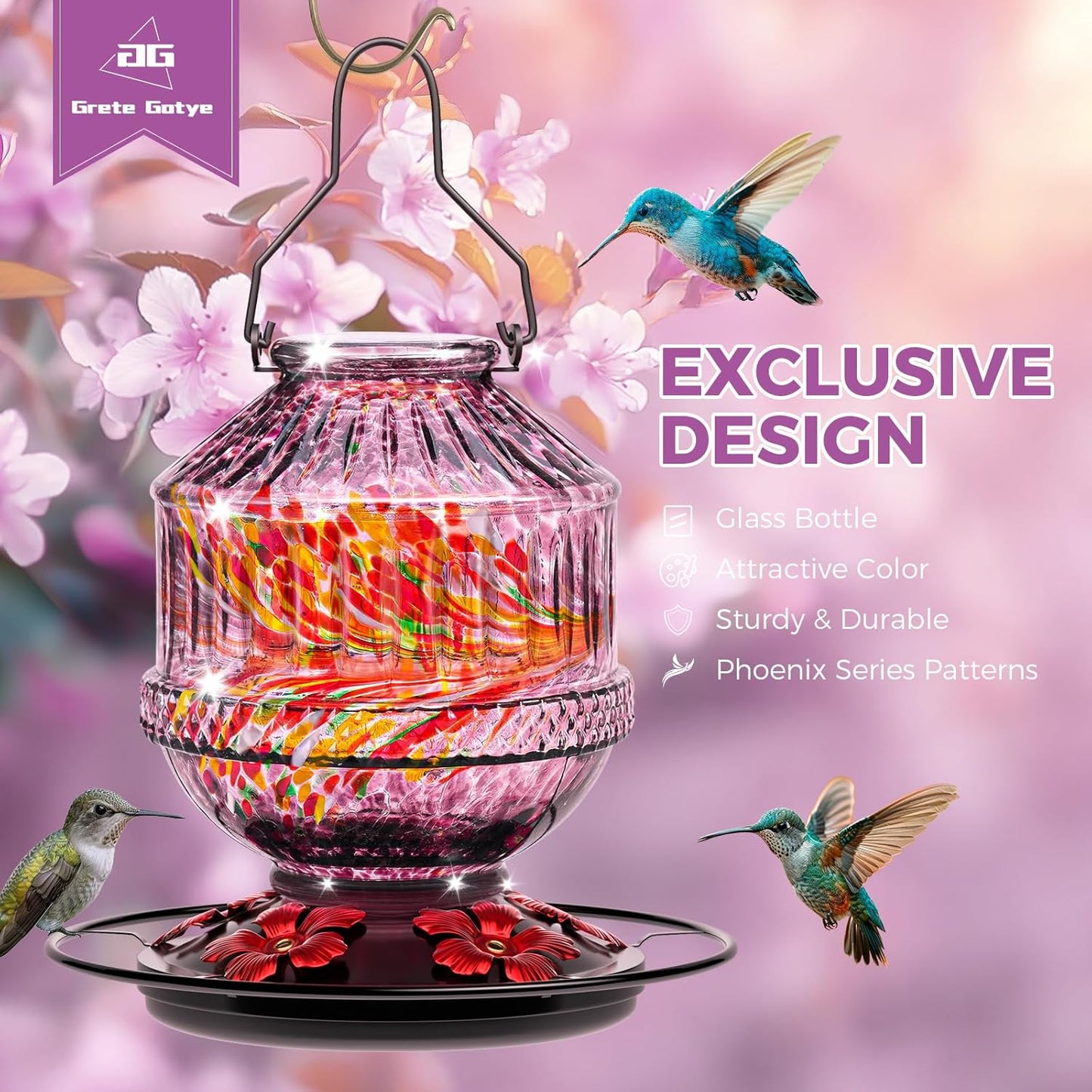 Skiennix Hand Blown Glass Hummingbird Feeder - 25 Ounce Leak-Proof Design with 5 Flower Ports | Purple Garden Decor