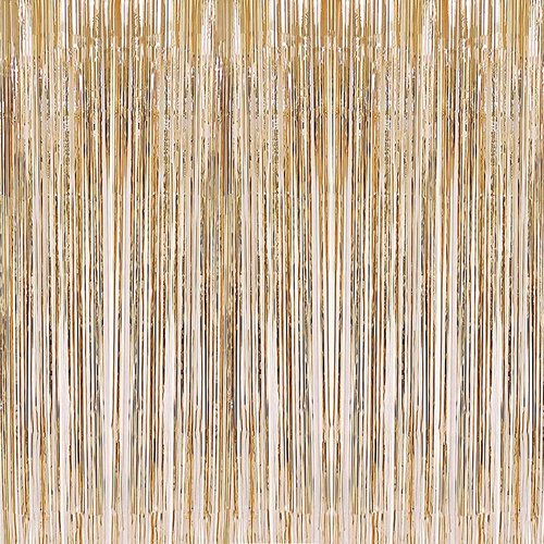 i-CHONY 2 Pcs 3.2ft x 8.2ft Champagne Gold Metallic Tinsel Foil Fringe Curtains Photo Booth Backdrop for Baby Shower Birthday Wedding Holiday Celebration Bachelorette Party Decorations