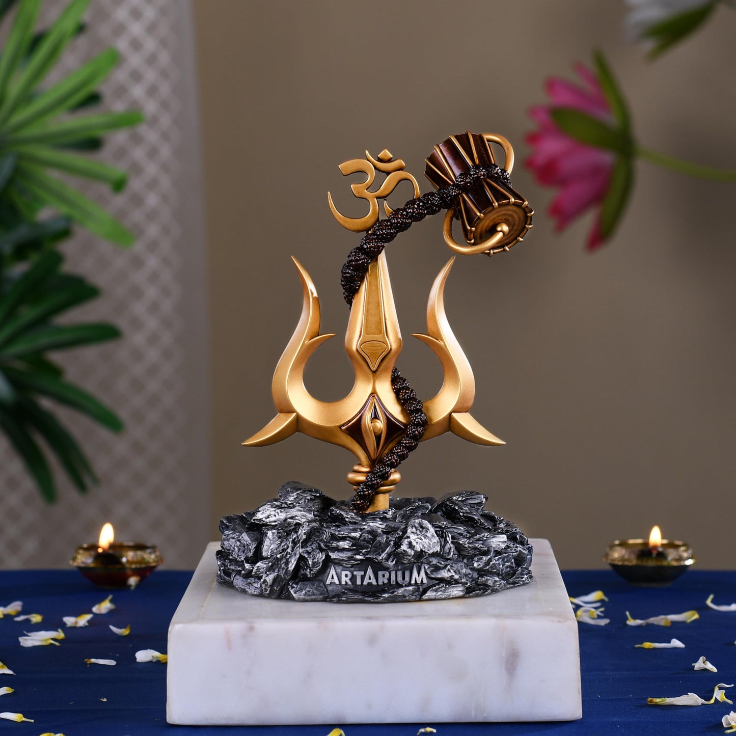 Trishul Damru Statue - Resin & Marble Shiva Statue for Car Dashboard, Office Desk, Home Decor, Hindu God Idol, Lord Shiva Murti, Pooja & Gifts for Women - Perfect Car Accessories, Room & Table Decor
