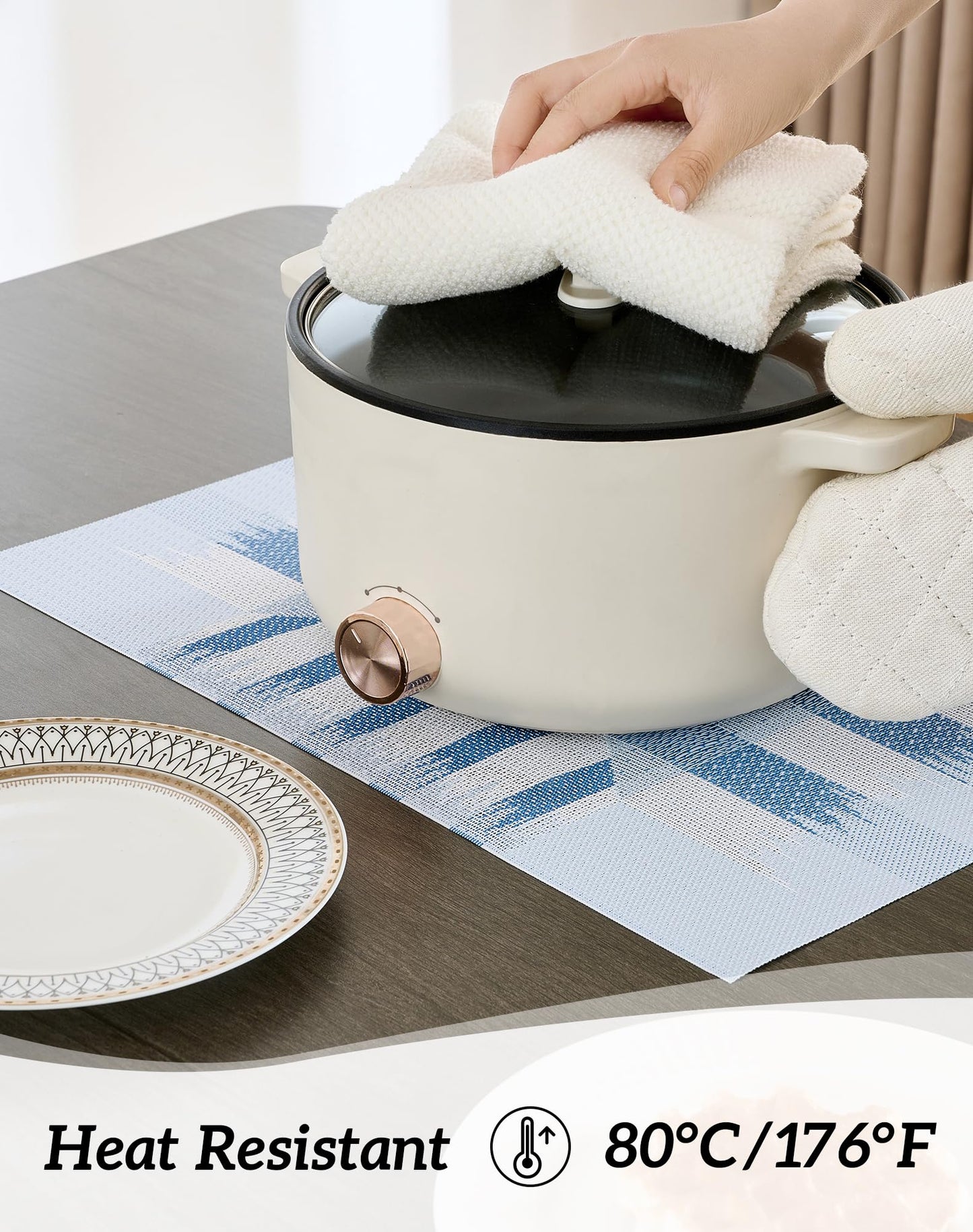 Leetaltree Geometric Print Blue Placemats Set of 4 - Heat Resistant Non-Slip Place mats for Dining Table, Washable Durable PVC Vinyl Woven Table Mats (Geometric Blue, 4)