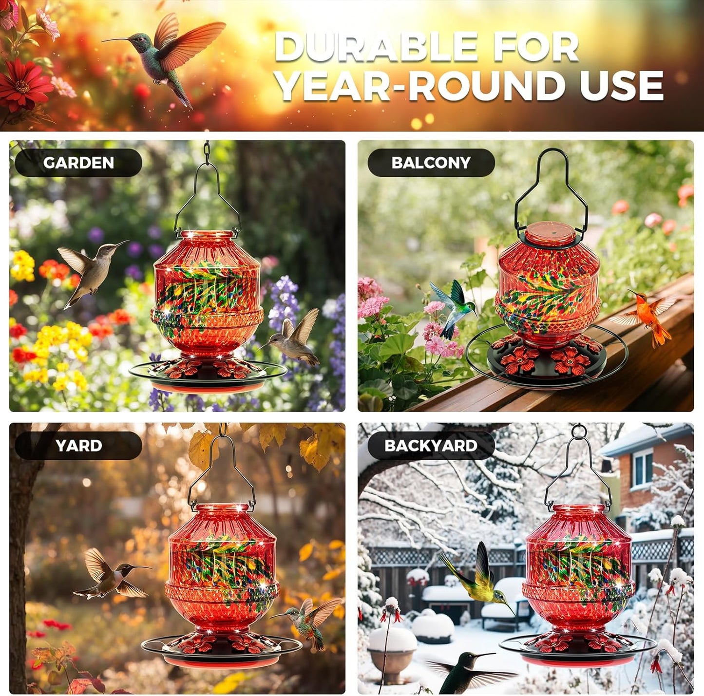 Skiennix Blown Glass Hummingbird Feeder - 25 Ounce Leak-Proof Nectar Feeder with 5 Flower Ports | Red Garden Decor