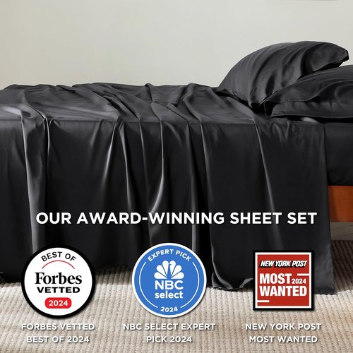 Bedsure Cooling California King Sheet Set - Breathable Rayon from Bamboo, Soft & Luxurious, Deep Pocket Up to 16 Inches, Black