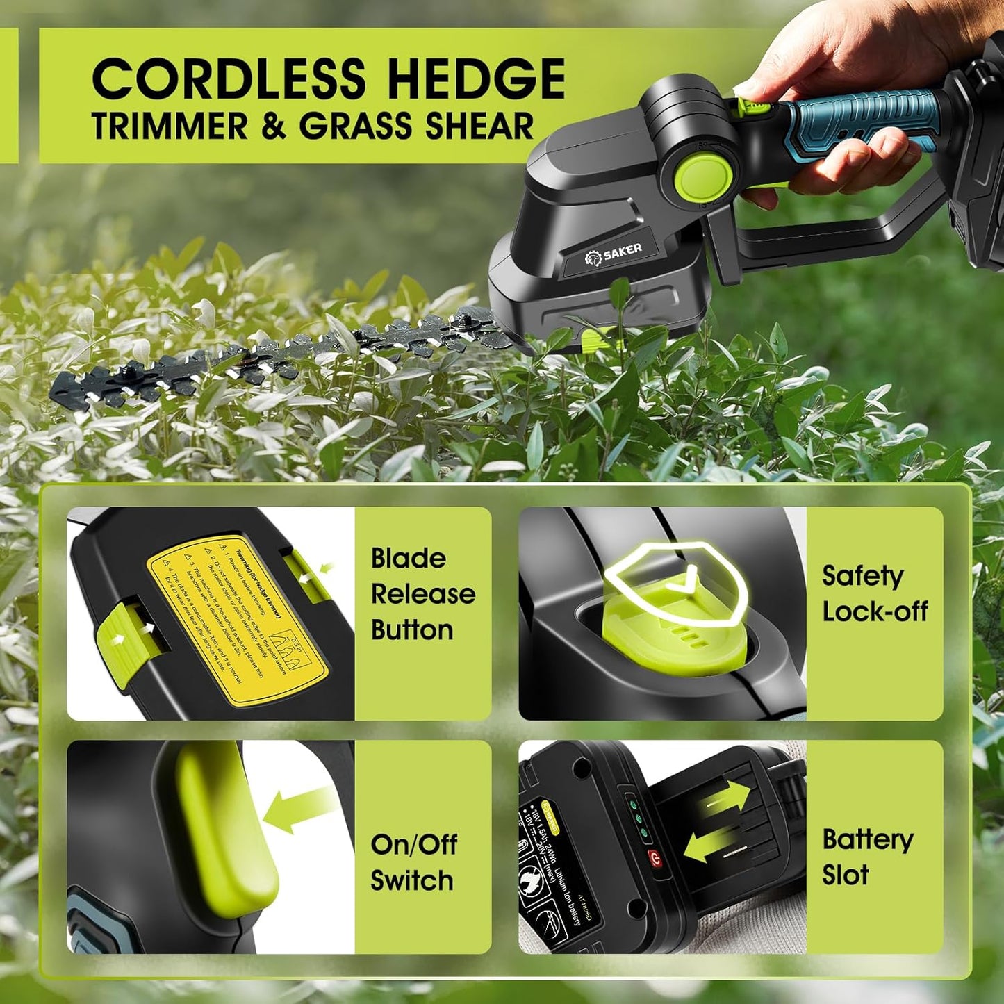 Saker Cordless Hedge Trimmer - 20V Electric Shrub Shears with 2 Rechargeable Batteries & Charger | Ideal for Garden & Lawn