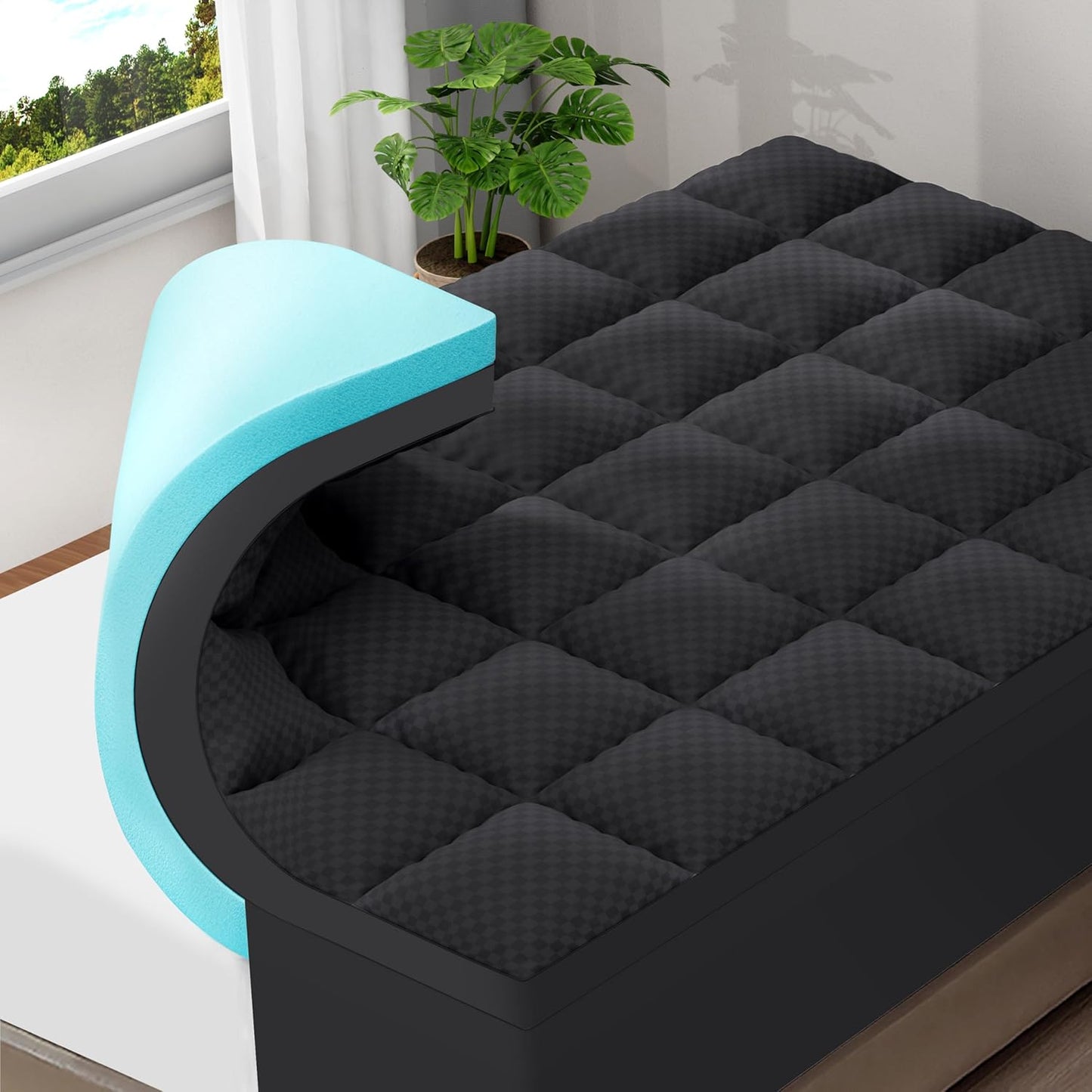OLANLY Memory Foam Mattress Topper - 4 Inch Queen Size with Cooling Pillow Top & Gel Layer - Black