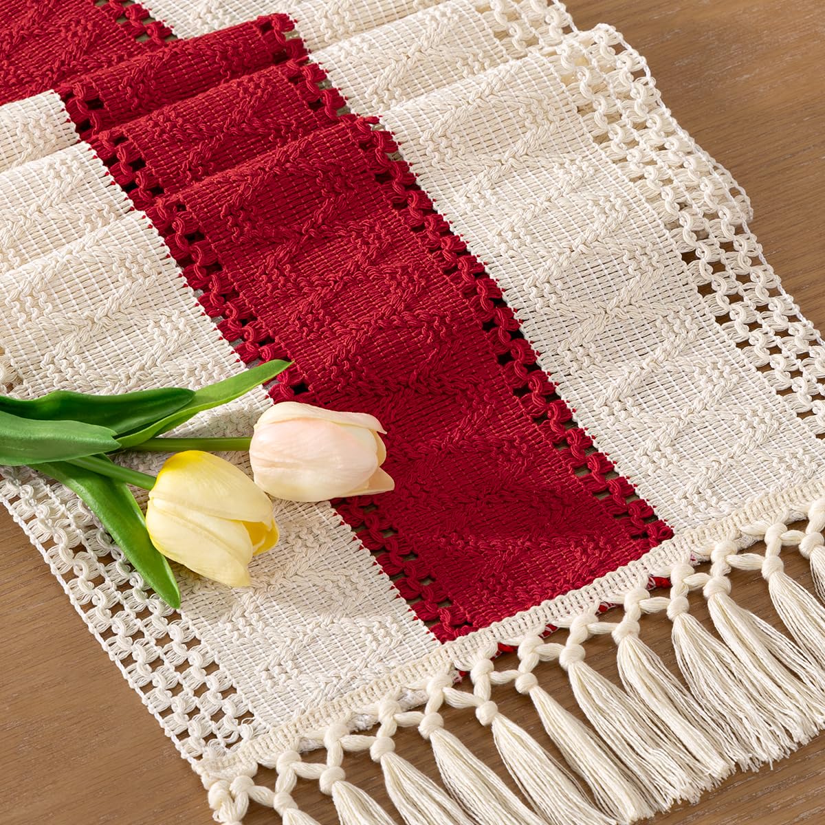 Socomi Boho Table Runner Macrame Long Summer Farmhouse Woven Cotton Linen Rustic Coffee Table Runner with Tassels for Dresser Scarf Home Decor Dining Room 12x108 in Red Ivory
