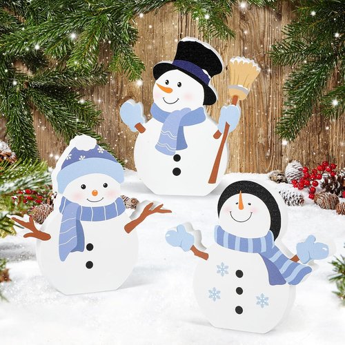 Cochie Snowman Christmas Decorations - Cute Winter Tiered Tray Decor Set of 3 for Home & Office