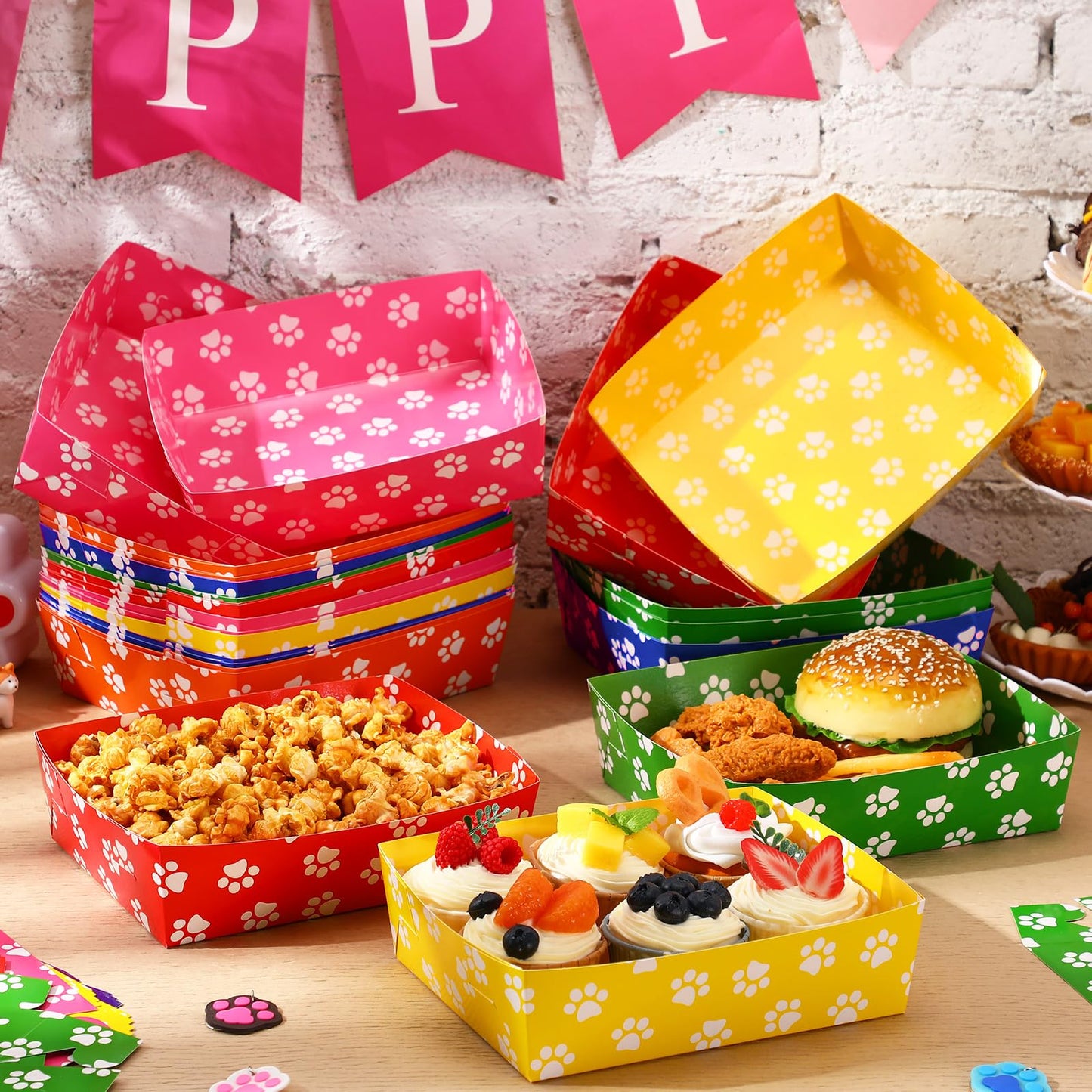 Mifoci 48 Pcs Dog Paw Print Food Trays 5 lb Large Puppy Theme Birthday Party Paper Plates Food Boats Disposable for Snack Burger Fries Party Supplies(Bright Color,Fun Style)