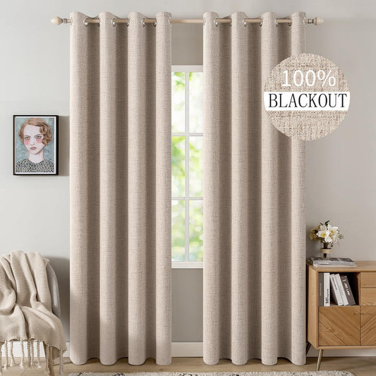 MIULEE 100% Blackout Linen Textured Curtains - Extra Long Thermal Insulated Natural Beige | 100 Inches, 2 Panels