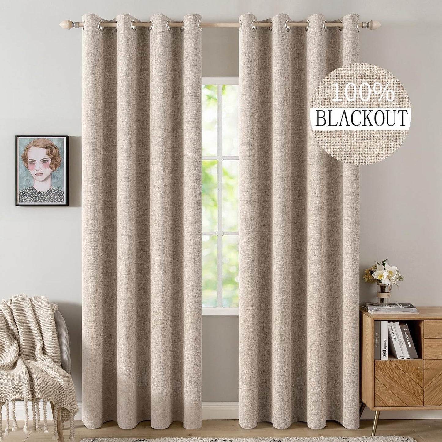 MIULEE 90-Inch Linen Textured Blackout Curtains - Thermal Insulated Natural Beige Drapes | Luxury Room Darkening for Bedroom & Living Room (2 Panels)