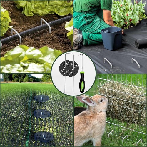 Feed Garden Galvanized Landscape Staples - 6 Inch U-Shaped Turf Stakes | 50 Pcs Anti-Rust Gaskets for Weed Barrier Fabric