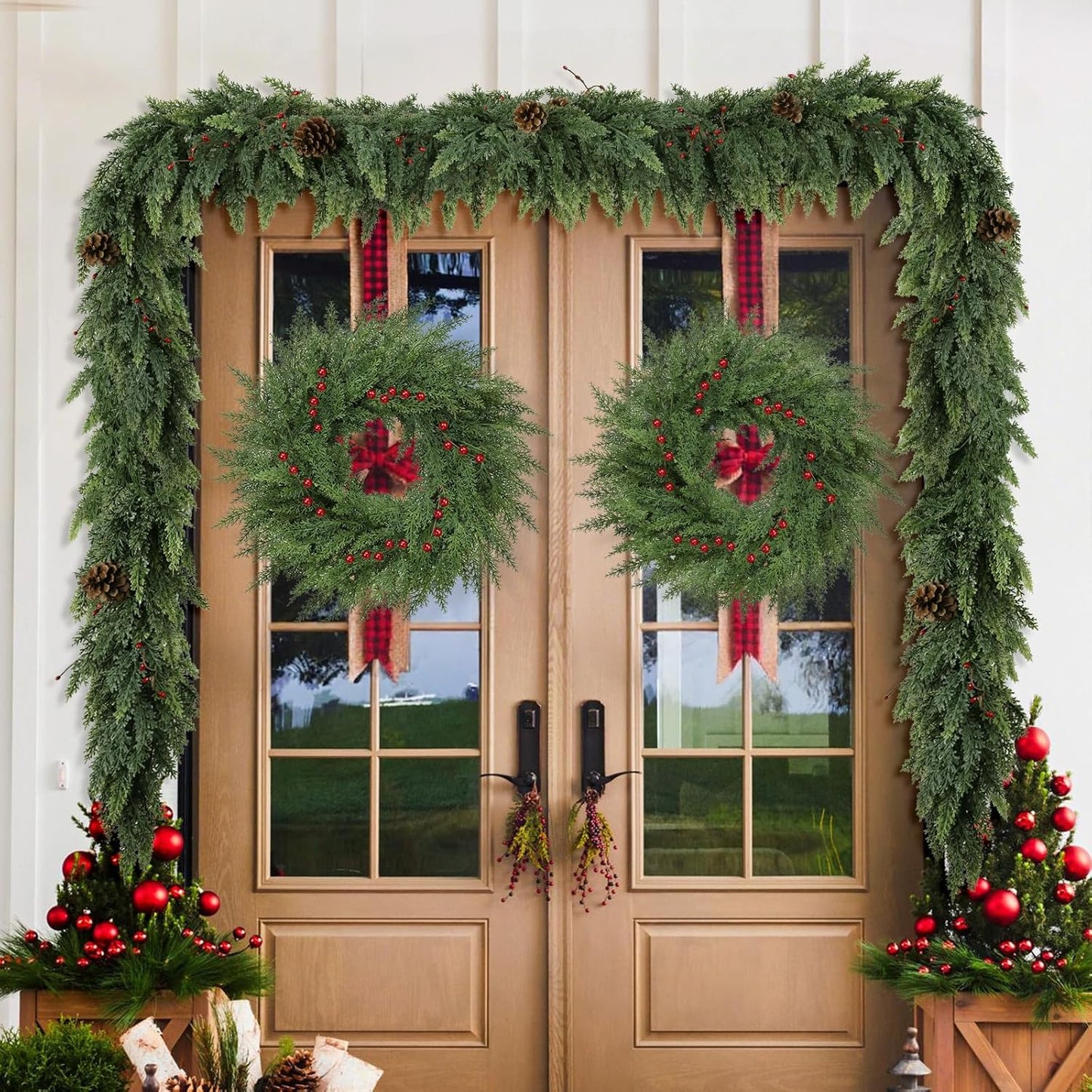 Lush Christmas Wreath - 24-Inch Real Touch Faux Cedar with Red Berries | Indoor & Outdoor Holiday Decor