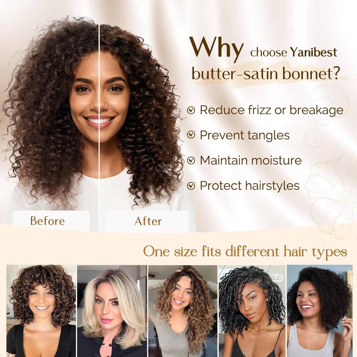 YANIBEST Adjustable Satin Bonnet - Double Layer Hair Wrap for Reducing Friction & Preventing Frizz